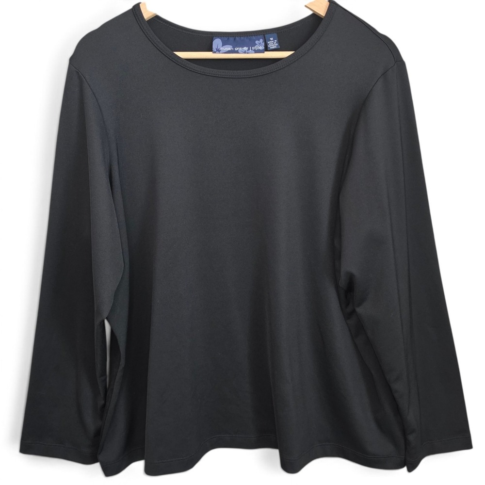 Susan Graver Womens Top Plus Size 1X Black Long Sleeve Scoop‎ Neck Stretch